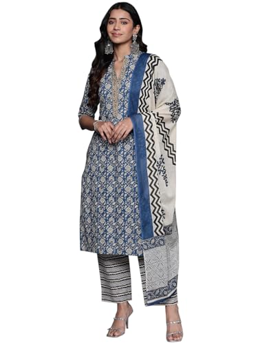 Image of Libas Womens Printed Cotton Straight Kurta With Trousers and Dupatta | daily wear suit