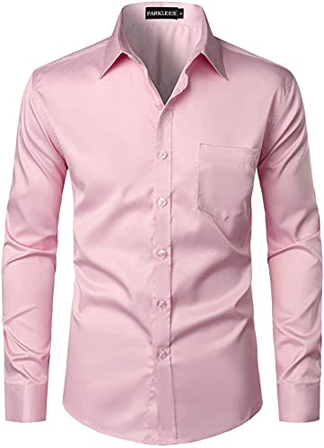 PARKLEES Chemise boutonnée élégante à coupe ajustée, manches longues et poche, style urbain, décontracté ou affaires, pour hommes, rose, L