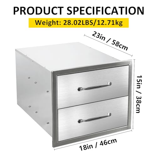 Image of Outdoor Kitchen Drawers 18 inch W x 15 inch H x 23 inch D Flush Mount Double layer BBQ Drawers with Chrome Handle,Stainless Steel Built-in 2-Drawer for Outdoor Kitchen Island, Patio Grill Station
