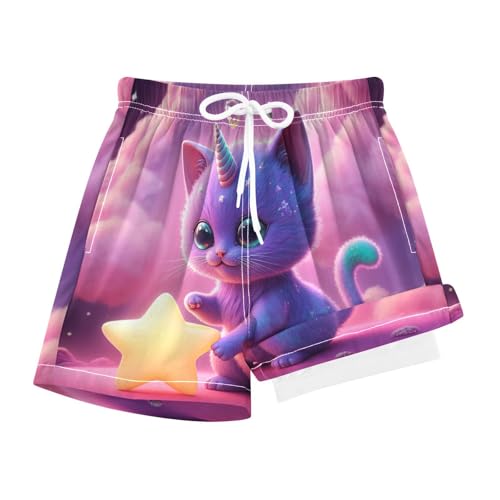 YANENDIE Boy Swim Trunks with Compression Liner Cat and Star Boys Swim Shorts Quick Dry Beach Shorts