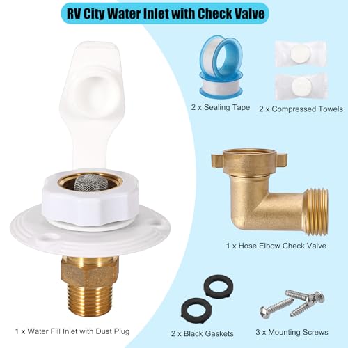 Image of OwnMy RV City Water Inlet with Check Valve Brass RV Water Inlet Connections with Hose Elbow Connector, RV City Water Fill Inlet Flange Replacement for Camper Marine Boat RV Trailer Accessories