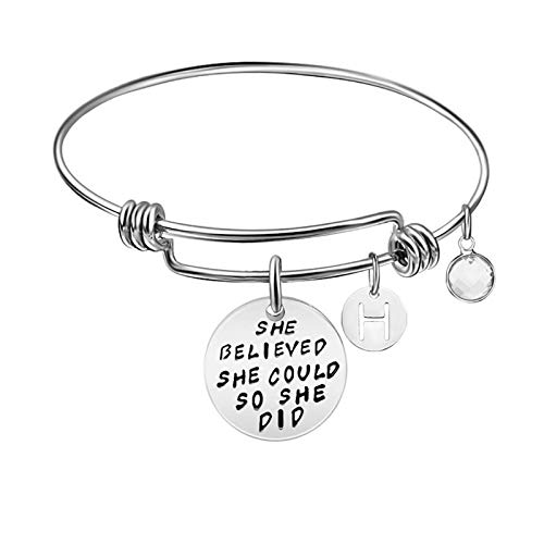 Initial Charm Bracelets for Women Girls, Stainless Steel She Believed She Could So She Did Charms Bracelet Engraved 26 Letters Initial Expandable Cuff Bangle Birthday Christmas Jewelry Gift, 63mm (H)