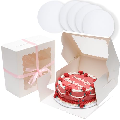 El Mejor Listado de Cajas para tartas los mejores 10. 50 qiqee 25.4x25.4x12,7cm Caja de Pastel, 5 Juegos de Caja de Pastel Blanco con Ventana y 5 Juegos de Tableros Redondos de Pastel Blanco de 10 Pulgadas, Contenedores de Pastel...