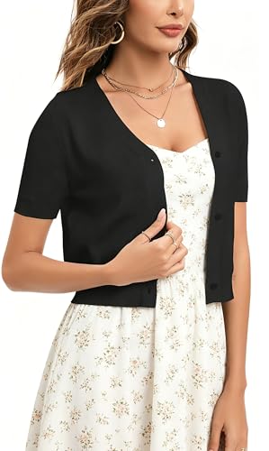 Bolero Mujer Cardigan Corto Chaqueta de Punto Básico de Manga Corta con Botones Rebecas Cuello en V Abrigo Negro*Corto XXL