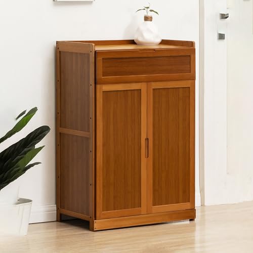 Zapatero de bambú de 6 niveles con puertas plegables de 60 x 33 x 100 cm, elegante zapatero que ahorra espacio, estante de almacenamiento para entrada, diseño moderno, duradero y ecológico.