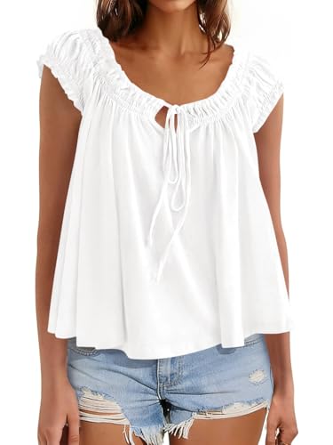 Womens Summer Babydoll Flowy Peplum Tops Cute Cap Ruffle Sleeve Blouse