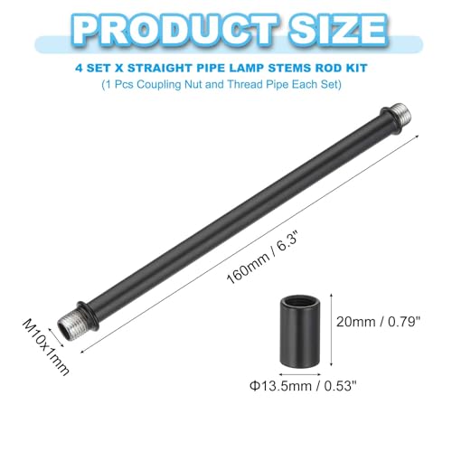 Image of PATIKIL Straight Pipe Lamp Stems Rod Kit, 4 Set M10 Carbon Steel 160mm(6.3 inch) Long Double End Thread Rod with Coupling Nuts Sleeve Connector for Table Lamps Chandeliers,Black