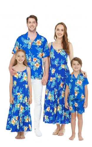 Image of Matchable Family Hawaiian Luau Men Women Girl Boy Clothes in Hibiscus Blue