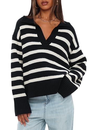 Darong Womens Oversized Striped Pullover Sweaters Polo V Neck Knitted Pullover Tops Fall Fashion Clothes2