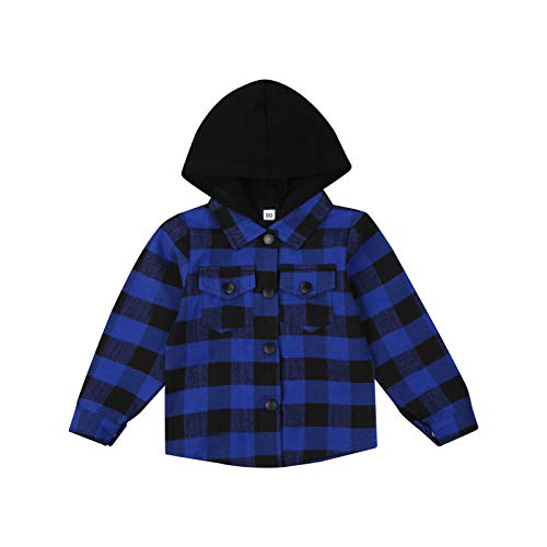 YQYJA Kleinkind Baby Jungen Kariertes Hemd Mantel Langarm Einreihige Kapuzen-Strickjacke mit Taschen (Blau, 18-24 Monate) Cover