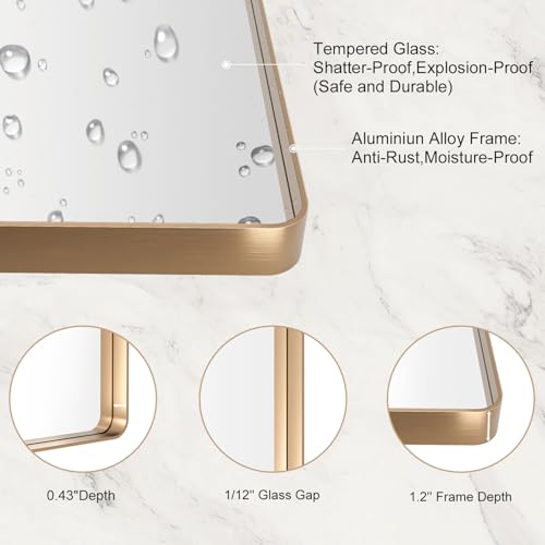 LOAAO 60”X36” Gold Bathroom Mirror, Rounded Rectangle Gold Frame Mirror, Brushed Gold Bathroom Vanity Mirror Wall-Mounted, Anti-Rust, Tempered Glass, Hangs Horizontally or Vertically