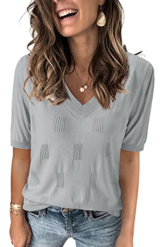 Image of Arach&Cloz Women's Lightweight Spring Summer Sweater Tops Casual Short Sleeve Blouses Shirts