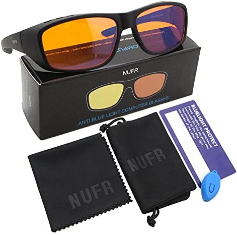 NUFR Fitover Blue Mild Blocking Pc Glasses for Ladies and Males -Match Over Prescription or Studying Eyeglasses Pc Gaming Glasses (Single Black with Orange Lens)