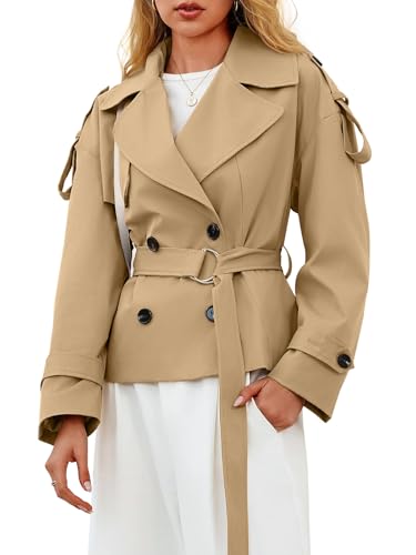 Tankaneo Womens Cropped Trench Coat Casual Double Breasted Short Jacket Fall Fashion Outerwear with Belt2