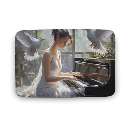 White Dove Women Playing Piano Coral Velvet Rugs Non-Slip Bathroom Rugs Soft Kitchen Rug Floor Carpet for Home Decor 19.7