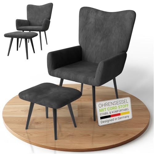 Juskys Ohrensessel Odense mit Hocker, Relaxsessel mit Cord-Stoff, skandinavischer Stil, hoher Rücken & gepolstert, Stahlgestell – Grau