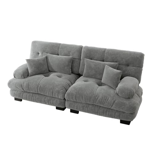 dowowdo Sofá esquinero modular Cloud en gris – Sofá de chenilla con madera maciza, incluye taburete y 4 cojines