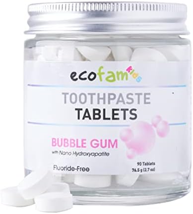 Ecofam Kids Toothpaste Chewable Tablets - 90 Natural Xylitol Tabs - Zero Waste Glass Jar - Travel Friendly - Fluoride-Free -with Nano Hydroxyapatite -Vegan - Made in The USA (Bubble Gum)