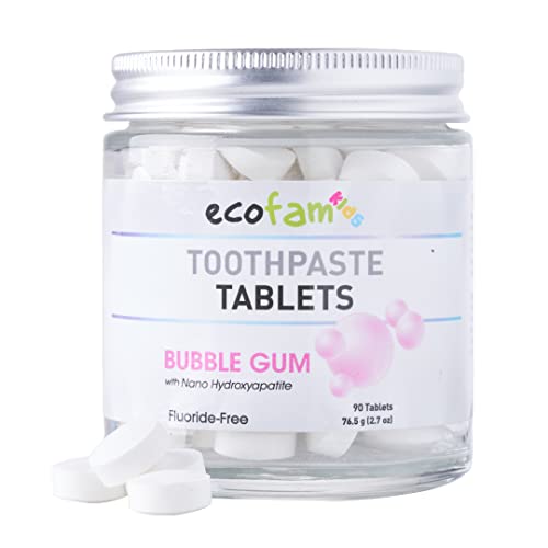Ecofam Kids Toothpaste Chewable Tablets - 90 Natural Xylitol Tabs - Zero Waste Glass Jar - Travel Friendly - Fluoride-Free -With Nano Hydroxyapatite -Vegan - Made In The Usa (Bubble Gum) #TOP2