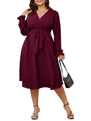 SCOMCHIC Damen-Midikleid in Übergröße, für Hochzeitsgäste, Cocktailkleid, Winter, langärmelig, Wickelkleid, V-Ausschnitt, Gürtel, A-Linie,...