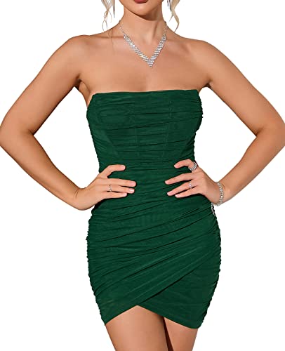 Image of Sexy Off Shoulder Mesh Bodycon Corset Tube Dress Party Ruched Vintage Strapless Zipper Night Out Dresses for Women
