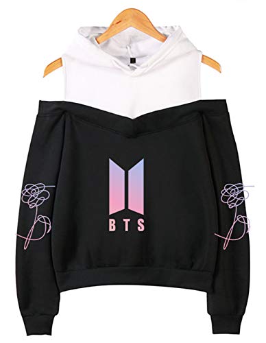 SIMYJOY Mujeres BTS Fans Sudadera con Capucha sin Hombro Miembros de Bangtan Boys Jumper Girls Off Hombro KPOP Street Fashion Top Bonito Regalo para A.R.M.Y Black S