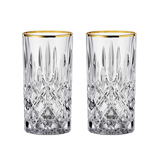 Nachtmann Noblesse 12.7 oz Crystal Glass Drinkware, Set of 2 – 6' Tall Cut Crystal Design with Gold Rim – Lead-Free Elegant Barware for Cocktails, Mixed Drinks, Beverages & Home Entertaining