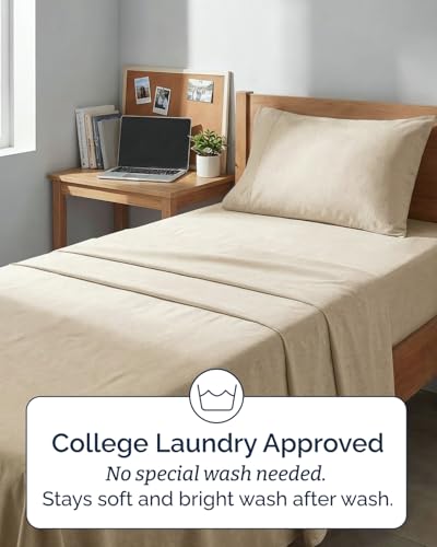 Image of Twin XL 4 Piece Sheet Set - College Dorm Room Essentials - Heathered Beige | Ultra Soft Dorm Bedding Set, 8 inch to 16 inch Inch Deep Pockets, 1 Flat & 1 Fitted Sheet & 2 Pillowcases, Wrinkle & Fade Free