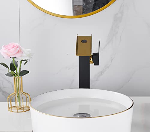 Led Bathroom Vessel Sink Faucet Black&Gold Waterfall Single Handle 1 Hole Matching Pop Up Drain Without Overflow Lavatory Vanity Basin Tap Deck Mount Farmhouse Bowl Sink Bath Faucets Combo Deck Mount #TOP5