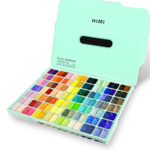 HIMI Gouache Paint Set 112 Colors x 12g Twin Jelly Cup Design with Portable Case Non-Toxic Opaque Professional Paint for Canvas and Watercolor Paper | Beginners Students Artists