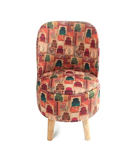 Image of NACIA Elegant Velvet Printed Ottoman Chair | Dressing Table Chair for Bedroom Makeup Room Decor | Modern Upholstered Ottoman with Wooden Legs for Living Room & Home (18x18x32 Inches, Beige Drabar)