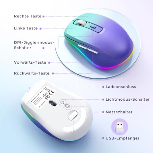 seenda Maus Kabellose mit Jiggler, Leise, Wiederaufladbare, Blaugrün&Lila – Ansicht 6