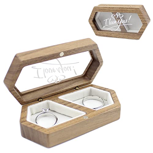 DSHOM Wooden Engagement Wedding Ring Bearer Box, I Love You Printed Transparent Lid White Velvet Slot Display Box for 2 Rings Couple Rings Wedding Band