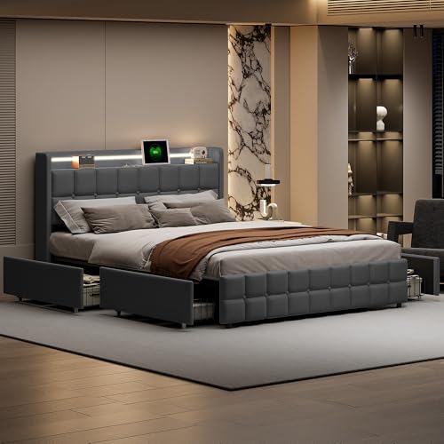 Letto Matrimoniale - Letto portaoggetti con Luce a LED e Caricatore USB, Testiera con Stoccaggio, Letto per Adulti, 4 Cassetti, Letto con Imbottitura Morbida, Letto per Giovani (Grigio Scuro, 160 x