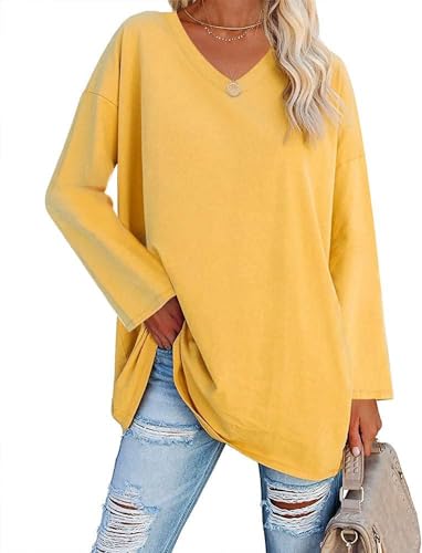 Ebifin Longshirt à manches longues oversized pour femme, T-shirt à col V, haut basique, tunique, tee-shirt., jaune, XXL