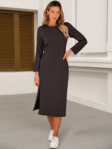 Image of ANRABESS Womens 3 /4 Sleeve Midi T Shirt Fall Dresses | Striped Solid Floral,Long Sleeve Slit Crew Neck &Chest Pocket,2026 Fall Outfits,Casual Travel Vacation Clothes,Summer Spring