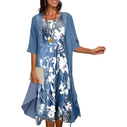 Womens Elegant Floral Print Chiffon 2 Piece Set Midi Dress with Cardigan Summer Wedding Guest Dresses for Women 2025