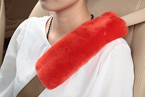 Dotesy Auto Genuine Sheepskin Seat Belt Cover,Universal Fuzzy Pure Wool Car Seatbelt Cover Shoulder Pads For Adults Kids Children,Safety Belt Strap Chest Protector Neck Cushion (Orange Red) #TOP3