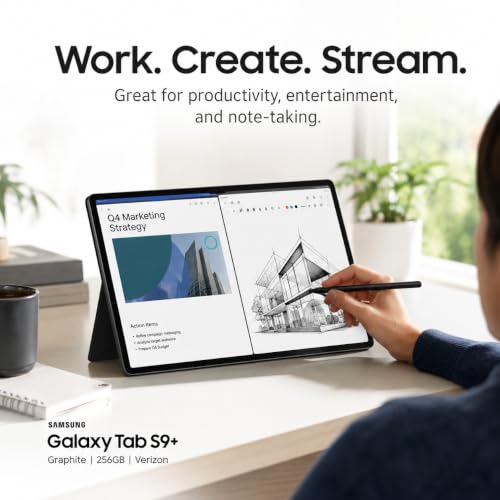 Image of Samsung Galaxy Tab S9+ 5G Tablet, 256GB, Graphite, Verizon, 12.4 inch Dynamic AMOLED 2X Display, S Pen Included