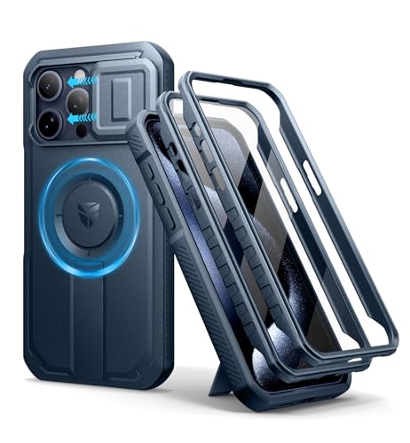 Dexnor Coque Compatible avec iPhone 15 Pro Max Magnétique avec Couverture de Caméra Coulissante & Support Réglable & Film de Protection D'écran Intégré, Boîtier de Pare Chocs Robuste - Bleu Marine
