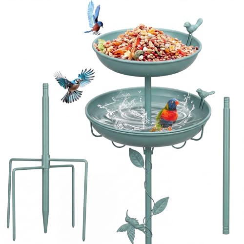 Bird Bath for Outside with 2 Bird Decor, Hummingbird on Pole & Sparrow on Bowl, 38.5 Inch Height Garden Birdbath, 12 Inch Antique Green Freestanding Birdfeeder Bath for Yard Patio
