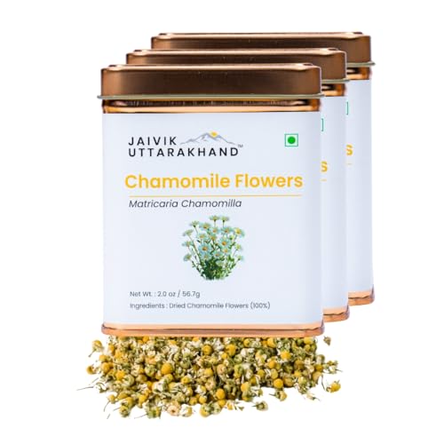 Image of Jaivik Uttarakhand - Dried Loose Leaf Chamomile Tea (170.1 g), sweet mellow soothing earthy Flavour, Promotes fat burning, Vegan, Pack of 3 Tin Box