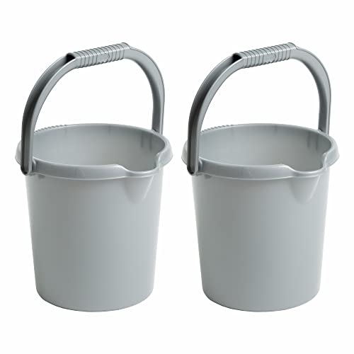 Set of 2-5 Litre Silver Round Plastic Bucket With Carry Handles and Functional Spout Strong Multipurpose Space Saving Fishing Water Car Wash Bucket For Food Storage Garden Cleaning Kitchen.