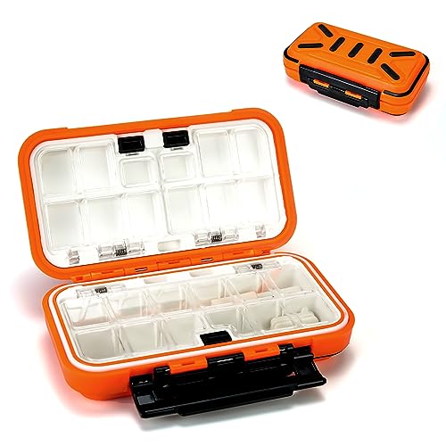 Piscorush 2 cajas pequeñas de aparejos de pesca, 10 compartimentos, estuche rígido portátil, anzuelos de almacenamiento de cebos giratorios, anzuelos (naranja impermeable/1 unidad)