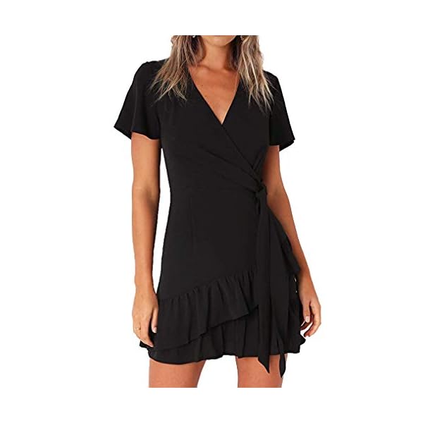 Naggoo-Womens-Summer-Wrap-V-Neck-Polka-Dot-Print-Ruffle-Short-Sleeve-Mini-Floral-Dress-with-Belt Naggoo Women's Summer Wrap V Neck Polka Dot Print Ruffle Short Sleeve Mini Floral Dress with Belt (Medium, Solid Black)