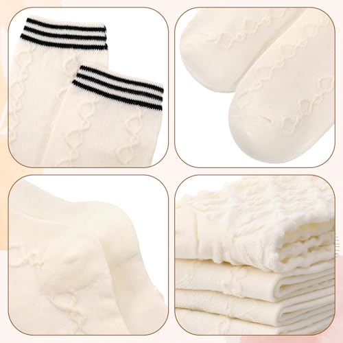 Image of 5 Pair Beige Cute Cottagecore Floral Lace Ruffle Women's Socks Kawaii Cable Knit Frilly Ankle Socks 5-9