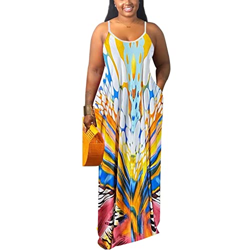 Image of BFFBABY Womens Summer Suspender Maxi Dress Plus Size Striped Printed Sleeveless with Pockets and Belt