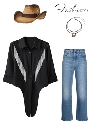MYMORE Womens Sparkly Fringe Cropped Button Down Shirt Rolled 3/4 Sleeve Tie Front Top Western Cowgirl Rodeo Outfit2