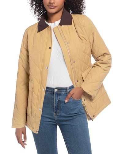 BQDCQB Quilted Barn Jacket for Women Corduroy Collar Lightweight Puffer Jackets Casual Winter Coat with Pockets(Khaki-M)