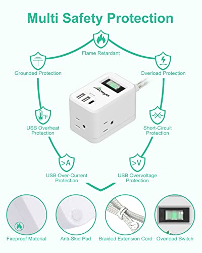 Alitayee Power Strip With Usb,Travel Power Strip With 3 Outlets 3 Usb Ports(Type-C And 2 Type-A) 5V 3.1A 15.5W Fast Charging,Flat Plug And 5Ft Braided Extension Cord For Travel Home Office Etl Listed #TOP5